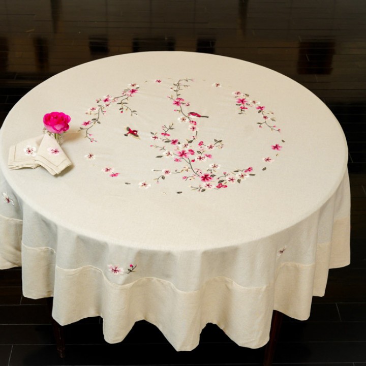 Round table cloth- Pink apricot blossom embroidery (size 180 cm)